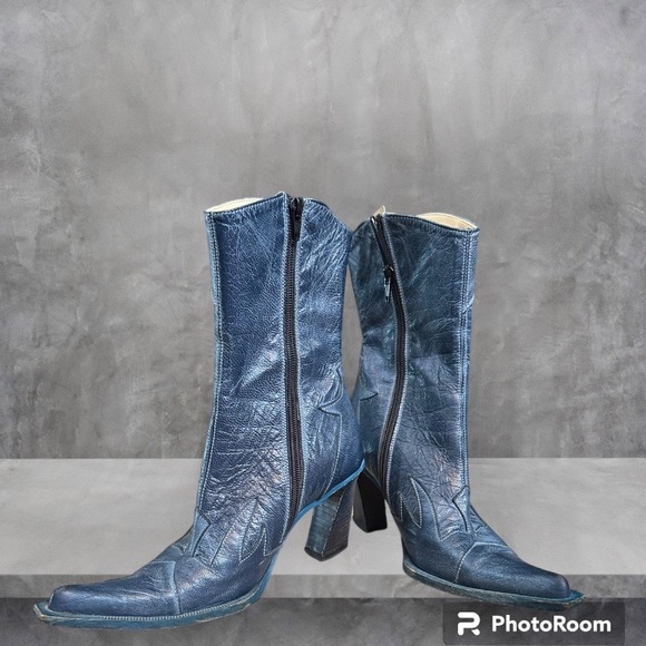 Leather Evidenzia! Denim blue booties made in Italy sz 37 sz 7 US lamb skin - Picture 2 of 13